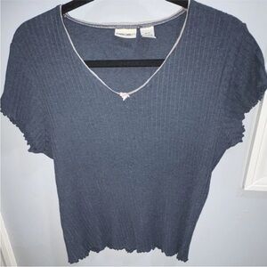 Vintage Cherokee Blue Knit Bow Accent V-Neck Short Sleeve Pullover Top Size M-12